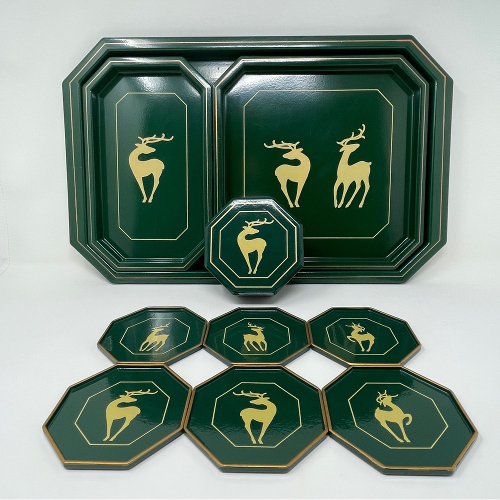 Vintage Serving Trays and Coasters Set Enesco Hunter Green Deer Made in Japan